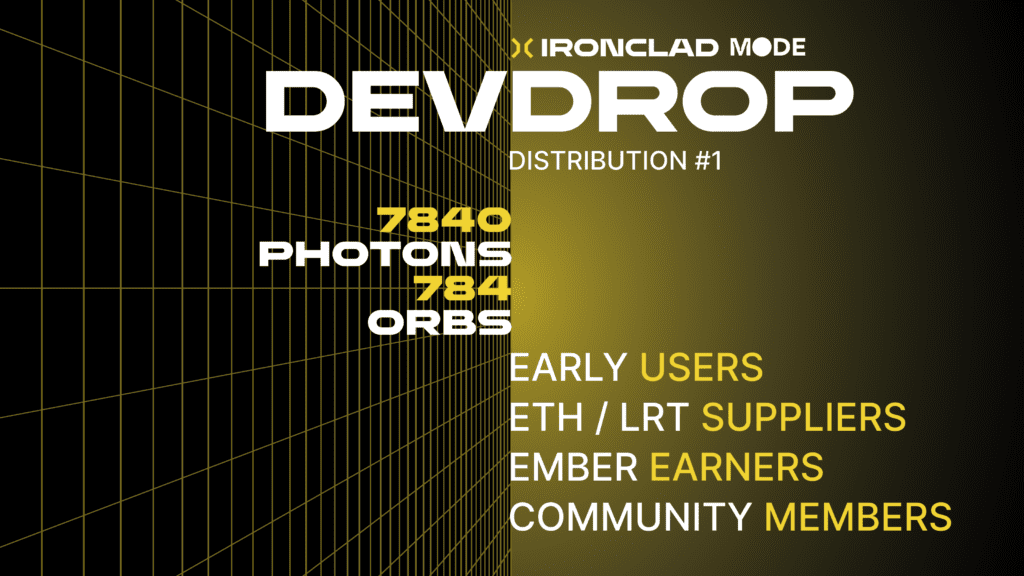 Distribution table showing the allocation of Mode Orbs and Photons for Ironclad users in DevDrop Distribution #1